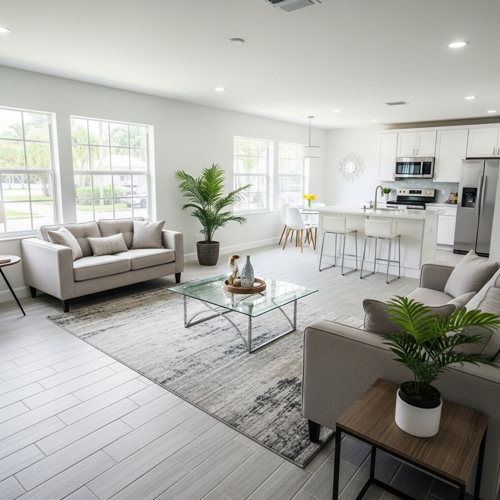 Investment property interior — renovated South Florida home or condo, clean modern finishes, bright natural light, staging-ready rooms, aspirational real estate investment photography