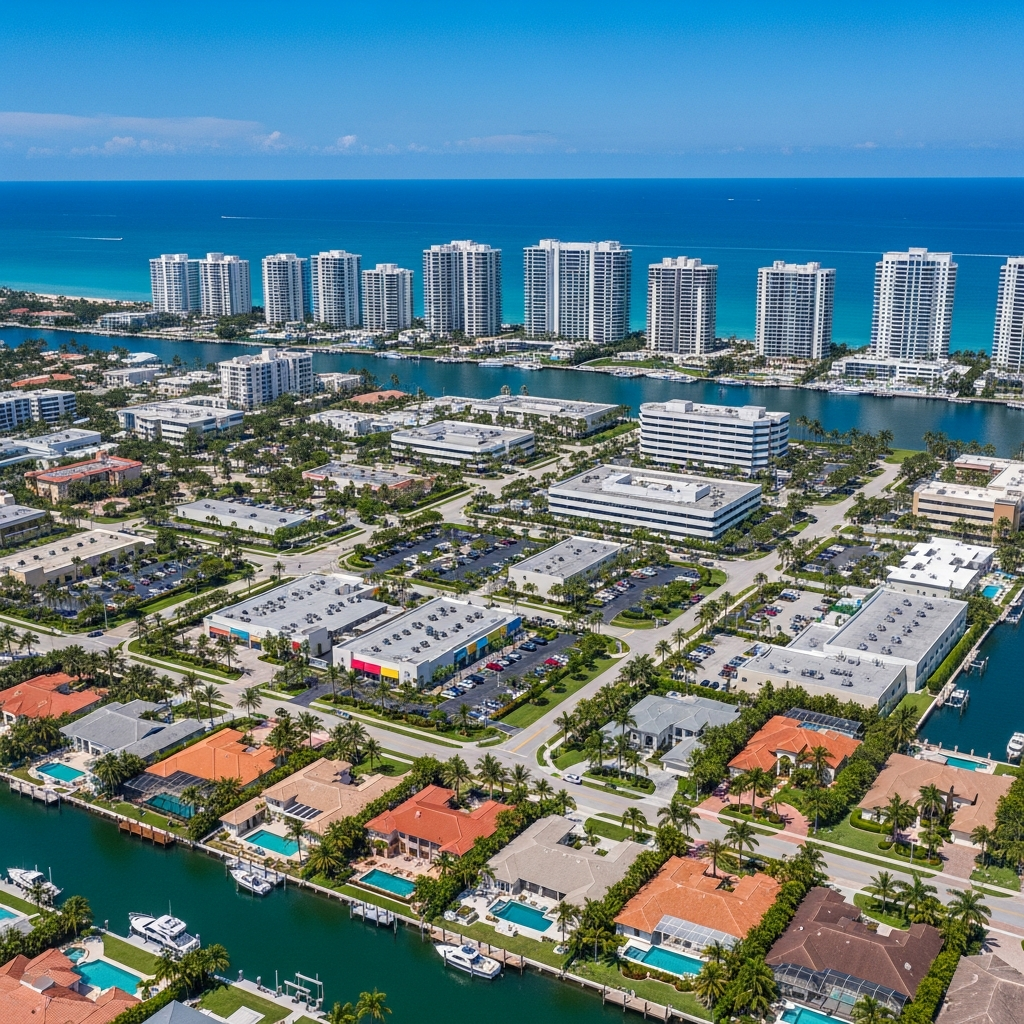 Aerial view of diverse South Florida real estate — mix of waterfront condos, single-family homes, and commercial buildings, daytime, clear sky, wide establishing shot showing market variety